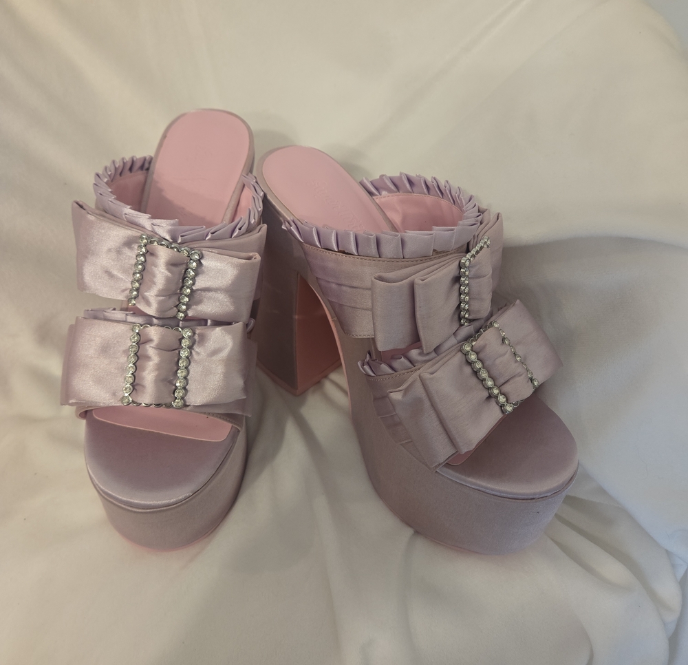 Sugarthrillz Lilac Satin Platform Slide Heels with Bow and Rhinestone Detail